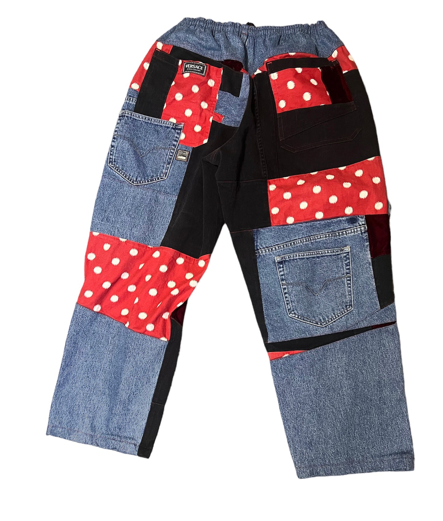 Reworked Versace and black denim with red velvet accents